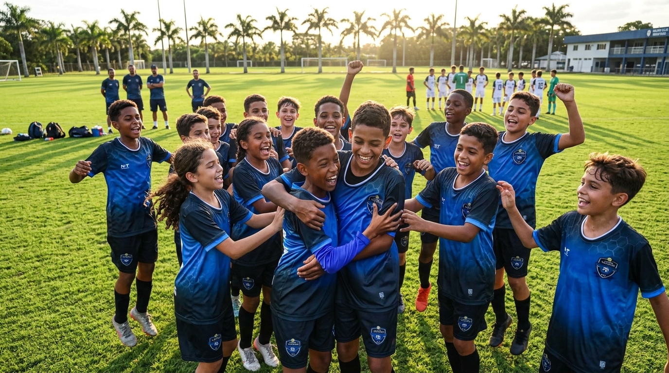 Atletas da Academy Novos Talentos celebrando no campo de treino