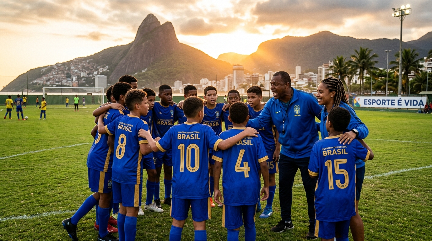 Treinadores e atletas da Academy Novos Talentos unidos no gramado ao entardecer